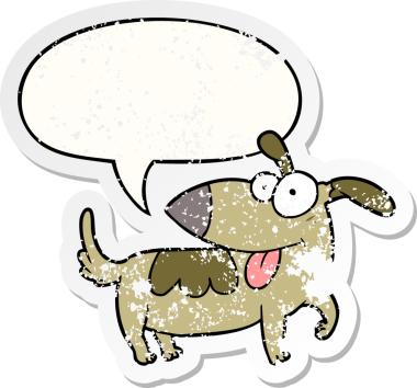 çizgi film mutlu köpek konuşma baloncuğu bir insan tarafından çizilmiş sıkıntılı eski bir çıkartma