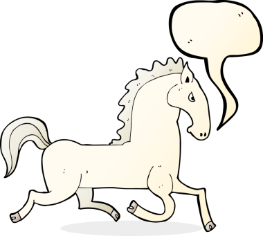 Bir insan tarafından çizilmiş konuşma balonlu beyaz aygır.