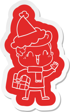 Bir insan tarafından çizilmiş Noel Baba şapkası giyen, gülen bir çocuğun garip çizgi film etiketi.