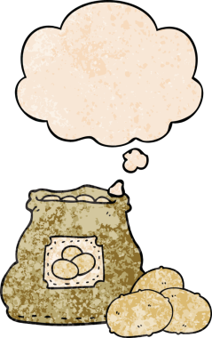 Bir insan tarafından çizilmiş grunge desenli düşünce baloncuklu patatesler.