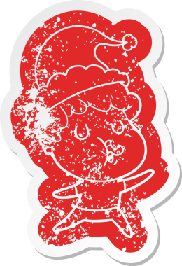 Garip bir karikatür. Bir insan tarafından çizilmiş Noel Baba şapkası takan bir adamın şarkı söylemesi.