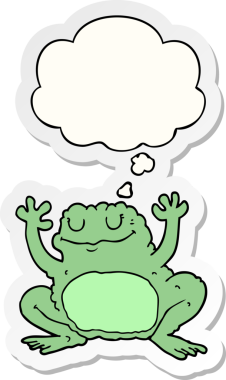Düşünce baloncuğu insan tarafından çizilmiş bir çıkartma olan karikatür kurbağası.