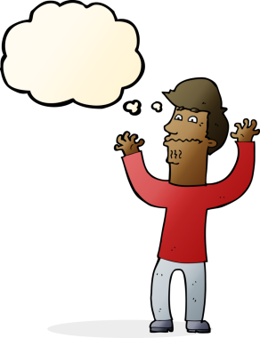 Bir insan tarafından çizilmiş düşünce baloncuğu olan sinirli bir adam.