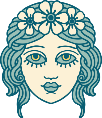 Bir insan tarafından çizilmiş çiçek desenli ikonik bir kadın yüzü.