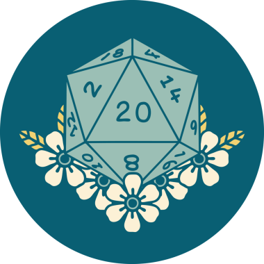 Retro Dövme Biçimi Doğal 20 D20 zar bir insan tarafından çizilmiş çiçek elementleriyle