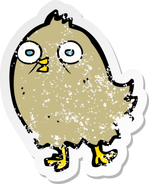 Bir insan tarafından çizilmiş komik bir karikatür kuşunun gerilmiş çıkartması.