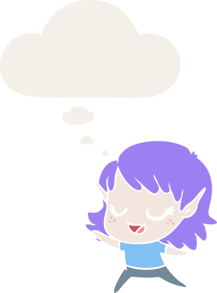 Karton mutlu elf kızı bir insan tarafından çizilmiş düşünce balonuyla dans ediyor.