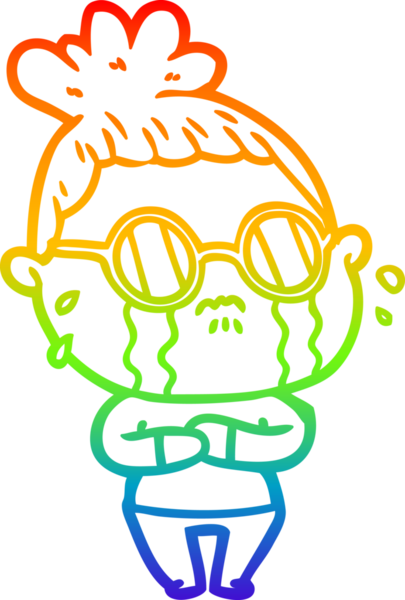 Gökkuşağı gradyan çizgi çizimi. Bir insan tarafından çizilmiş gözlük takan ağlayan bir kadın.