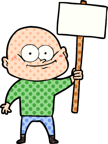 Bir insan tarafından çizilmiş tabelayla bakan kel bir adam.