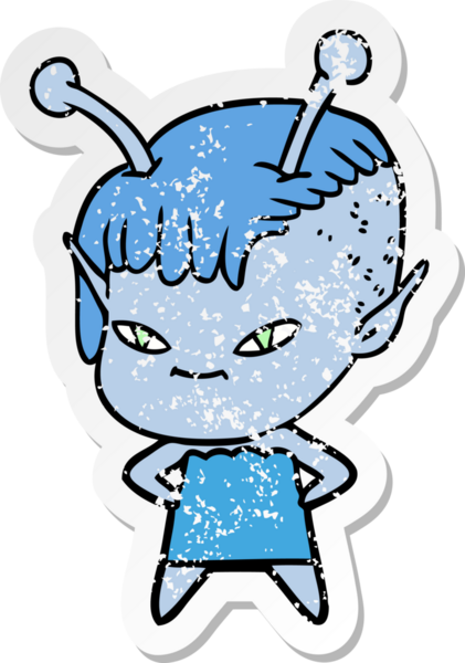 Bir insan tarafından çizilmiş sevimli uzaylı bir kızın sıkıntılı çıkartması.