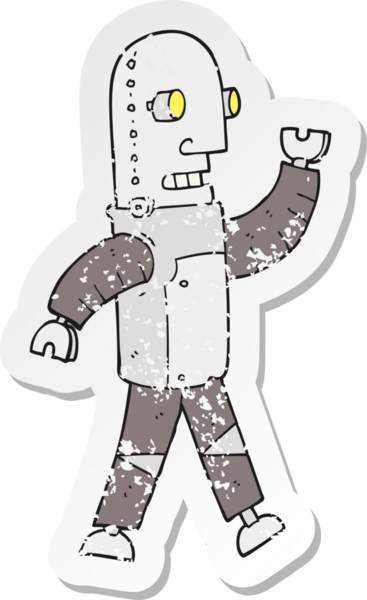 Bir insan tarafından çizilmiş karikatür robotunun gerilmiş yapıştırması.