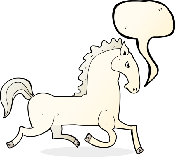 Bir insan tarafından çizilmiş konuşma balonlu beyaz aygır.