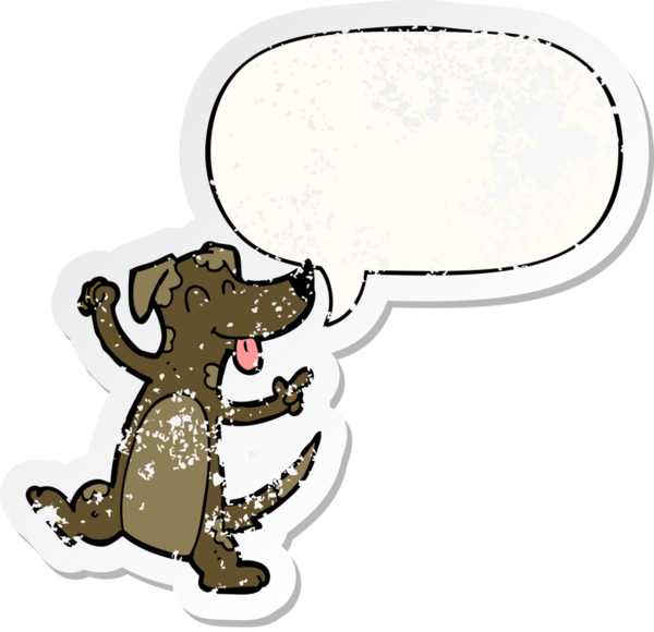 Konuşma baloncuğu olan dans eden çizgi film köpeği, bir insan tarafından çizilmiş sıkıntılı eski bir çıkartma.