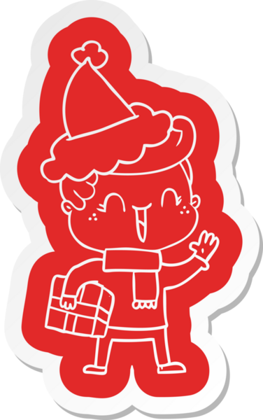 Bir insan tarafından çizilmiş Noel Baba şapkası giyen, gülen bir çocuğun garip çizgi film etiketi.