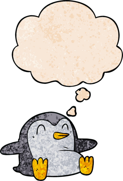 Bir insan tarafından çizilmiş grunge desenli düşünce baloncuklu penguen çizgi filmi.