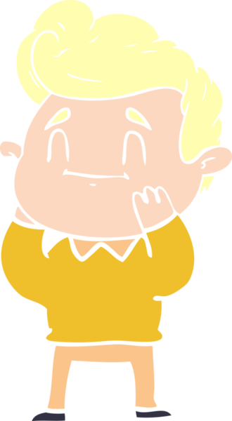 Bir insan tarafından çizilmiş mutlu, düz renkli bir karikatür.