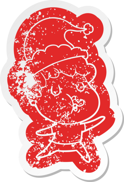 Garip bir karikatür. Bir insan tarafından çizilmiş Noel Baba şapkası takan bir adamın şarkı söylemesi.