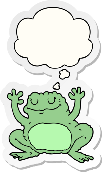 Düşünce baloncuğu insan tarafından çizilmiş bir çıkartma olan karikatür kurbağası.