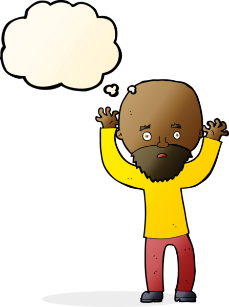 Karikatür sakallı adam bir insan tarafından çizilmiş düşünce balonuyla panikliyor.