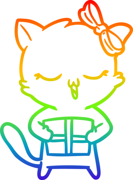 Gökkuşağı gradyan çizgi çizimi Bir insan tarafından çizilmiş Noel hediyeli çizgi film kızı kedi