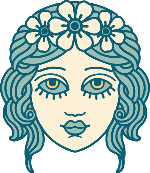Bir insan tarafından çizilmiş çiçek desenli ikonik bir kadın yüzü.