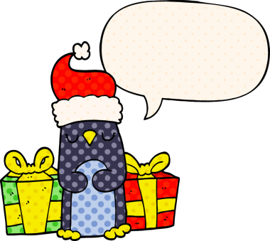 Bir insan tarafından çizilmiş çizgi roman tarzında konuşma balonu olan şirin bir Noel pengueni.