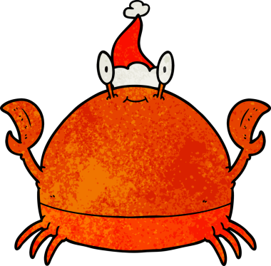 Bir insanın çizdiği Noel Baba şapkası takan bir yengecin el çizimi karikatürü.