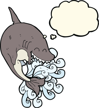 Bir insan tarafından çizilmiş düşünce baloncuklu çizgi film köpekbalığı.