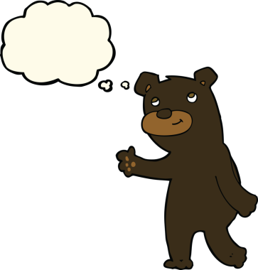 Bir insan tarafından çizilmiş düşünce baloncuğu olan sevimli çizgi film kara ayısı.