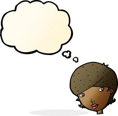 Bir insan tarafından çizilmiş düşünce baloncuğu olan çizgi film dostu kadın.