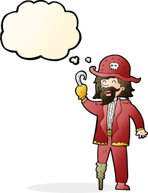 Bir insan tarafından çizilmiş düşünce balonlu korsan kaptan.