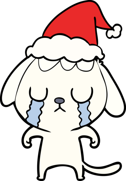 Bir insan tarafından çizilmiş Noel Baba şapkasıyla ağlayan bir köpeğin çizimi.