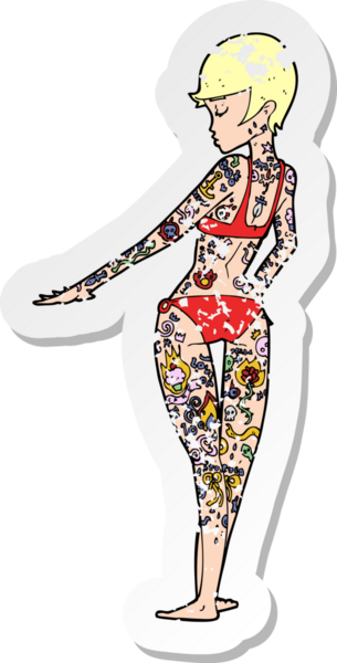 Bir insan tarafından çizilmiş dövmelerle kaplı bir bikinili kızın retro stresli çıkartması.