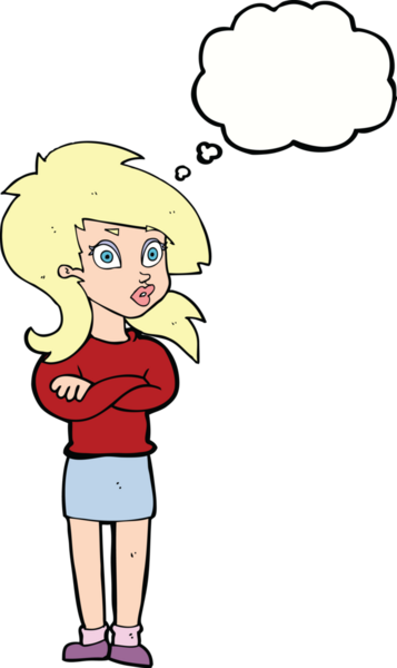 Bir insan tarafından çizilmiş düşünce balonuyla kollarını kavuşturmuş çizgi film kadını.