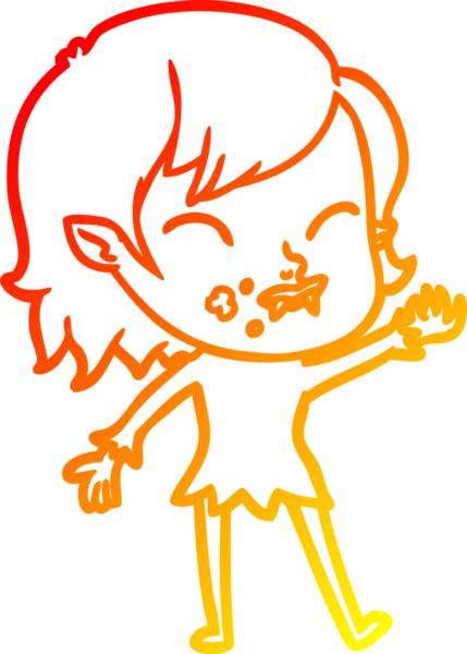 Bir insan tarafından çizilmiş yanağında kan olan vampir bir kızın çizgi film çizimi.