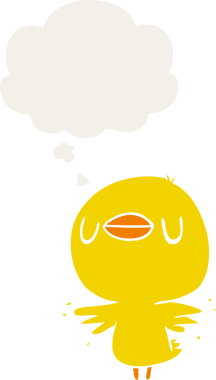 Bir insan tarafından çizilmiş düşünce baloncuğuyla kanat çırpan karikatür yavrusu.