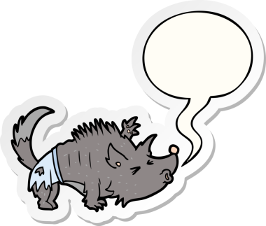 Bir insan tarafından çizilmiş konuşma balonu çıkartmalı cadılar bayramı kurtadamı çizgi filmi.