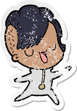 Hipster saç kesimi bir insan tarafından çizilmiş tatlı bir çizgi film kızına ait sıkıntılı bir etiket.