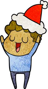 Gülen el çizimi bir insan tarafından çizilmiş Noel Baba şapkası giyen bir adamın karikatürü.