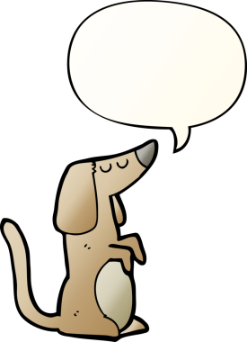 Bir insan tarafından çizilmiş, konuşma baloncuklu çizgi film köpeği.