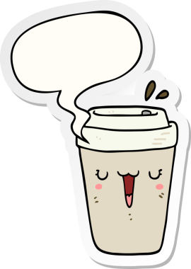 Bir insan tarafından çizilmiş konuşma balonu çıkartmalı çizgi film kahve fincanı.