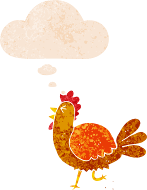 Düşünce baloncuklu çizgi film horozu grunge sıkıntılı retro dokuma tarzı bir insan tarafından çizilmiş