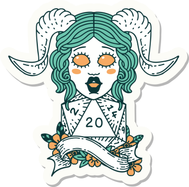 Bir insan tarafından çizilmiş doğal yirmi zarla yapıştırılmış bir etiket.