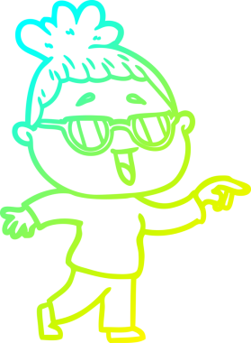 Bir insan tarafından çizilmiş gözlük takan mutlu bir kadının çizgi film çizimi.