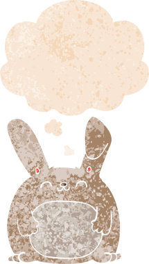 Düşünce baloncuklu çizgi film tavşanı grunge dertli eski moda bir insan tarafından çizilmiş.