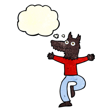 Bir insan tarafından çizilmiş düşünce balonlu bir kurt adam.