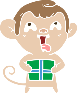 Çılgın düz renkli çizgi film maymunu Noel hediyesi olarak bir insan tarafından çizilmiş.