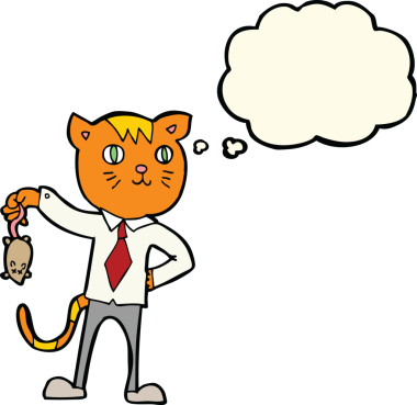 Bir insan tarafından çizilmiş düşünce balonlu ölü fareli çizgi film kedisi.