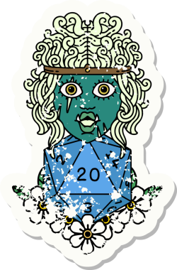 Retro Dövme Tarzı Ork barbarlığı. Bir insan tarafından çizilmiş doğal yirmi zar.