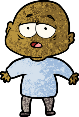 Bir insan tarafından çizilmiş yorgun, kel bir adam.